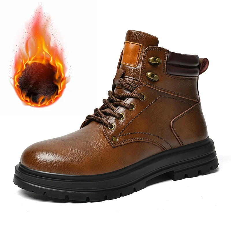 Men's PU Leather Boots Winter Warm Fleece Lined Combat Boots Lace Up Anti Slip High Top Ankle Work Boots Black Brown big size