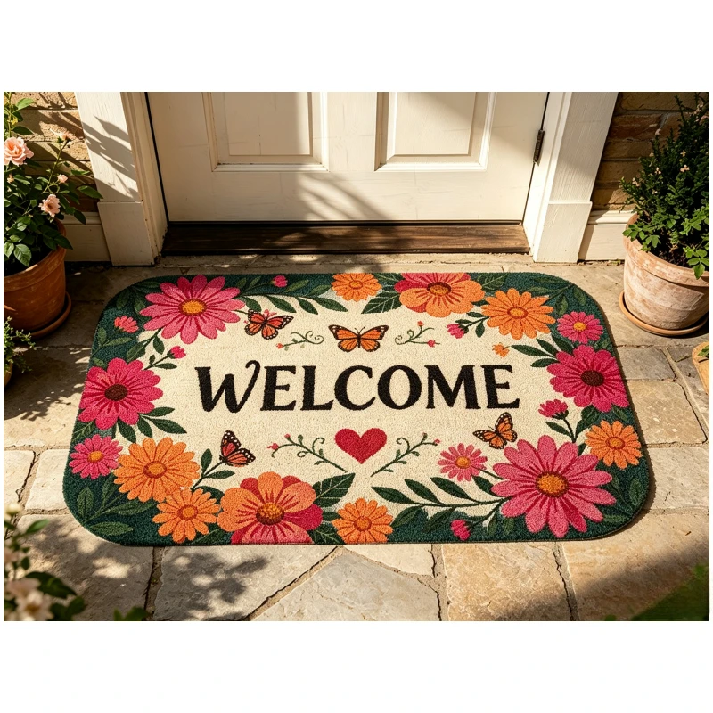 Floral Welcome Area Doormat Vibrant Orange Yellow Daisy Flower Art Floor Mat for Front Door Porch Entry Home Interior Decoration