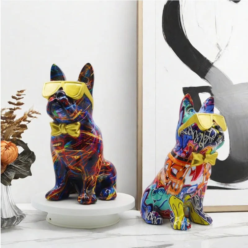 

Graffiti French Bulldog Resin Statue Colorful Pet Dog Sculpture Desktop Ornament Animal Art Figurines Interior Home Room Decor