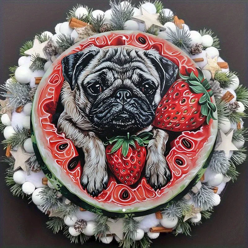

Aluminum Metal Sign with Pug and Strawberry Design, Outdoor and Indoor Decoration for Home, Garden, Dormitory, Wall Art