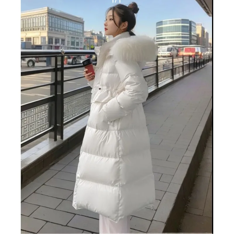 

Новинка 2023, женский пуховик, зимнее пальто, женская утепленная парка с воротником из лисьего меха, верхняя одежда на белом утином пуху, стройнящее пальто средней длины