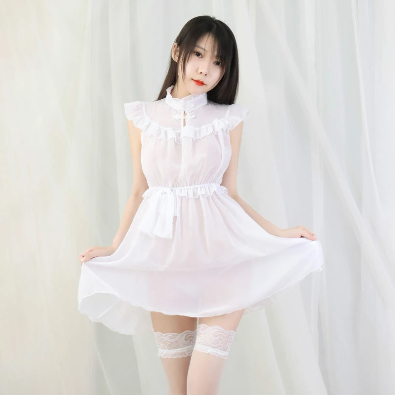 Cute White Chiffon Dress Women Maid Cosplay Costume Nightdress Underwear Sweet Retro Role Play Outfits Lingerie Princess Dress