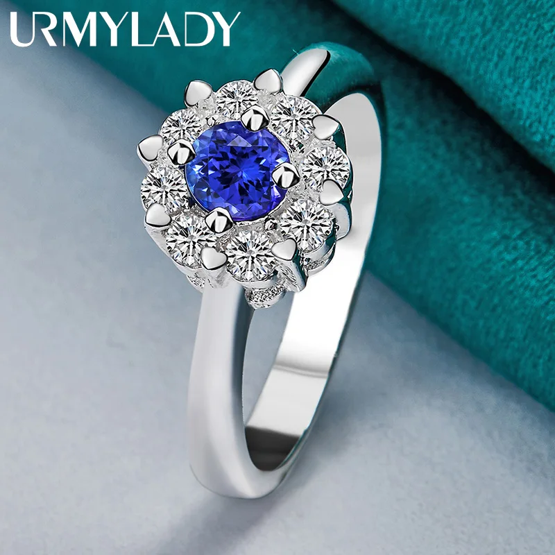 Women's 925 Silver Flower Ring with Blue Zircon, Wedding Band