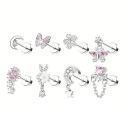 8 earrings Elegant synthetic zircon heart and butterfly pink stainless steel earrings set for cartilage palpitus lip piercing je