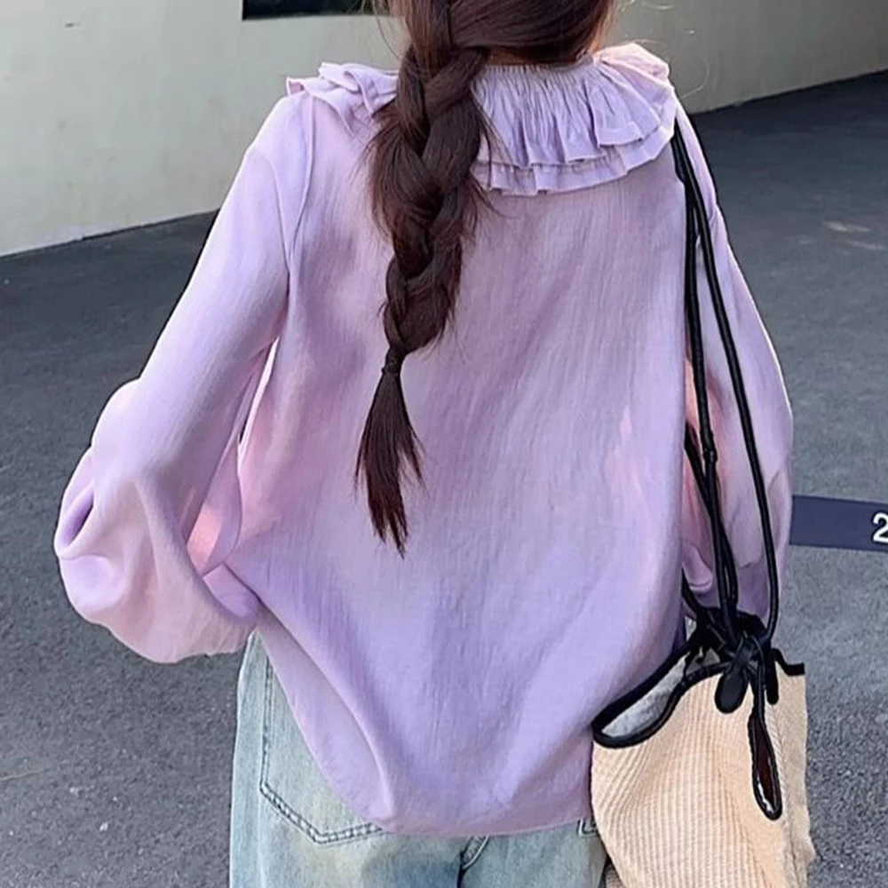 French ruffle edge drawstring V-neck shirt women's 2025 spring new  niche unique chic long-sleeved shirt