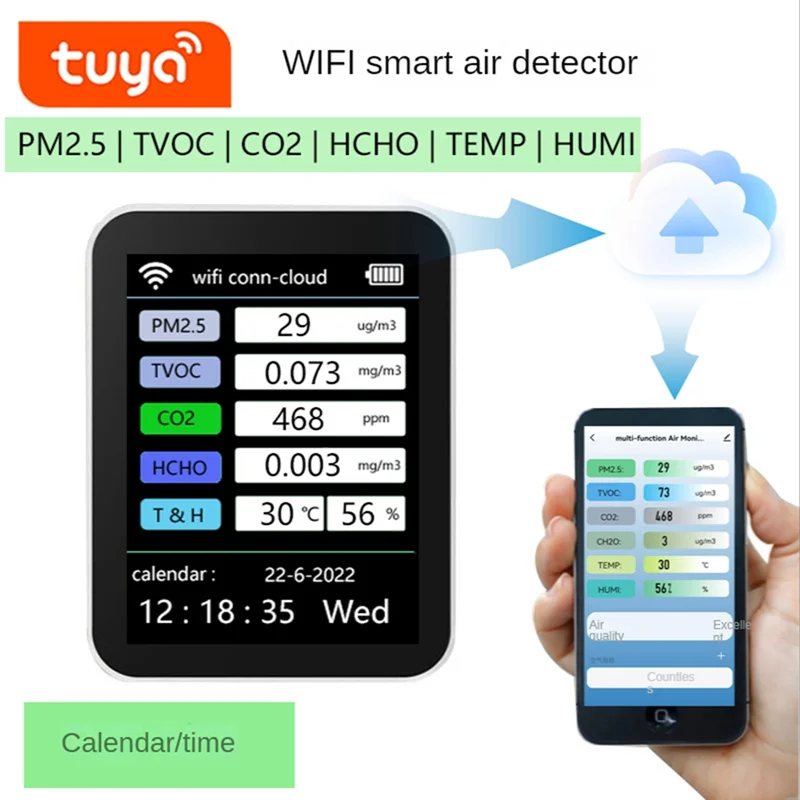 ABAC-Tuya Wifi 7 In 1 Smart Air Quality Monitor TVOC HCHO PM2.5 Tester Formaldehyde Gas Detector White