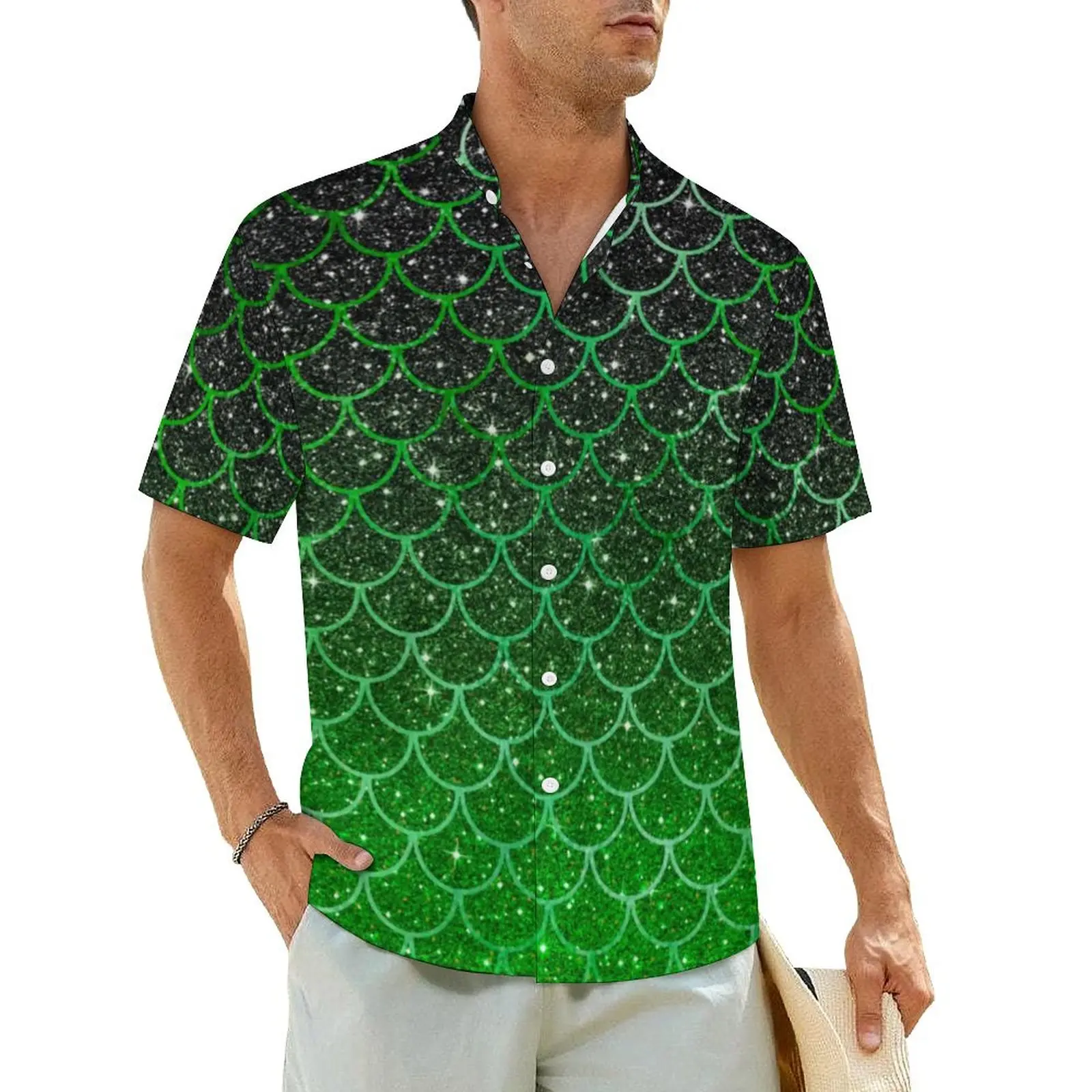 Green Mermaid Scales Beach Shirt Male Ombre Glitter Print Retro Casual Shirts Hawaiian Short Sleeves Stylish Oversized Blouses