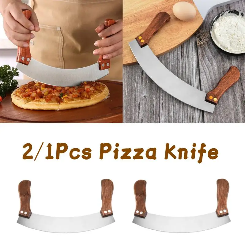 2/1Pcs Pizza Knife Nougat Double Wooden Handle Stainless Steel With Curved Scraper Cutter Baking Tool Kitchen Bakeware