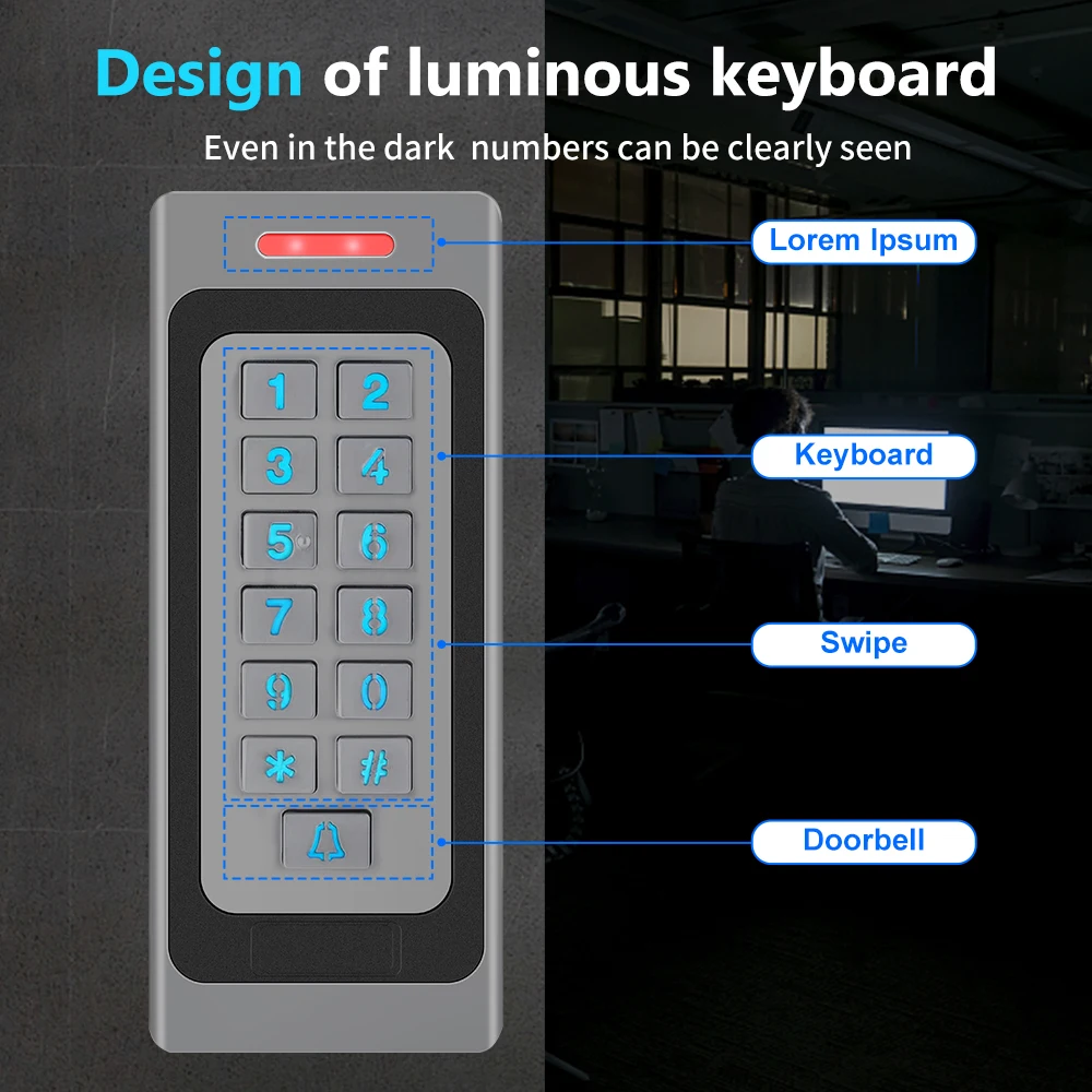 IP67 Waterproof Metal Backlight Door Access Control RFID Reader Keypad 3000 Users Doorbell 125KHz DC 10-24V EM Card door opener