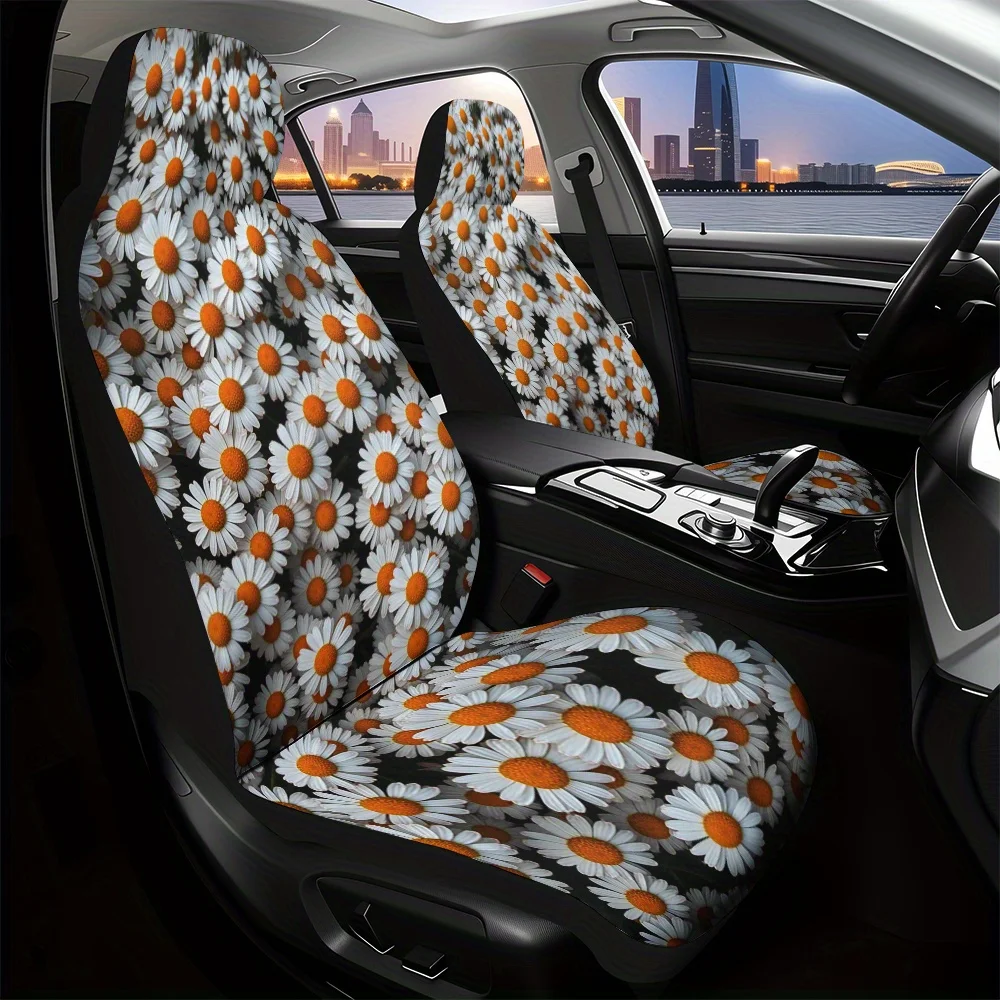

2pcs Daisies White & Yellow Floral Car Seat Covers - Foldable, Comfortable, Polyester Fiber, Machine Washable, Fit For Most Seda