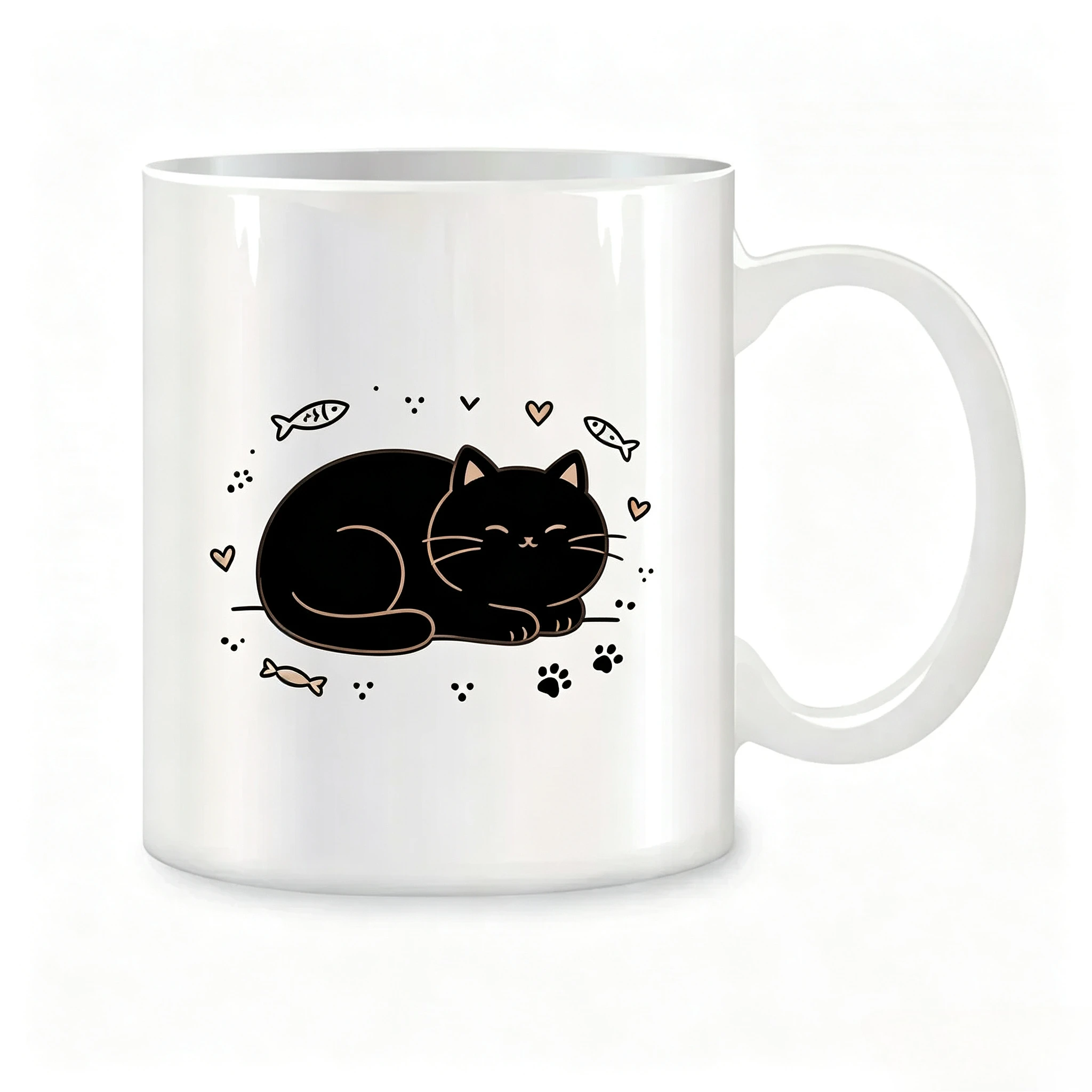 Cute Sleeping Black Cat Ceramic Coffee Mug Cartoon Kitten Fish Bone Paw Heart Print Tea Cup Home Office Drinkware Gift For Cat Lovers