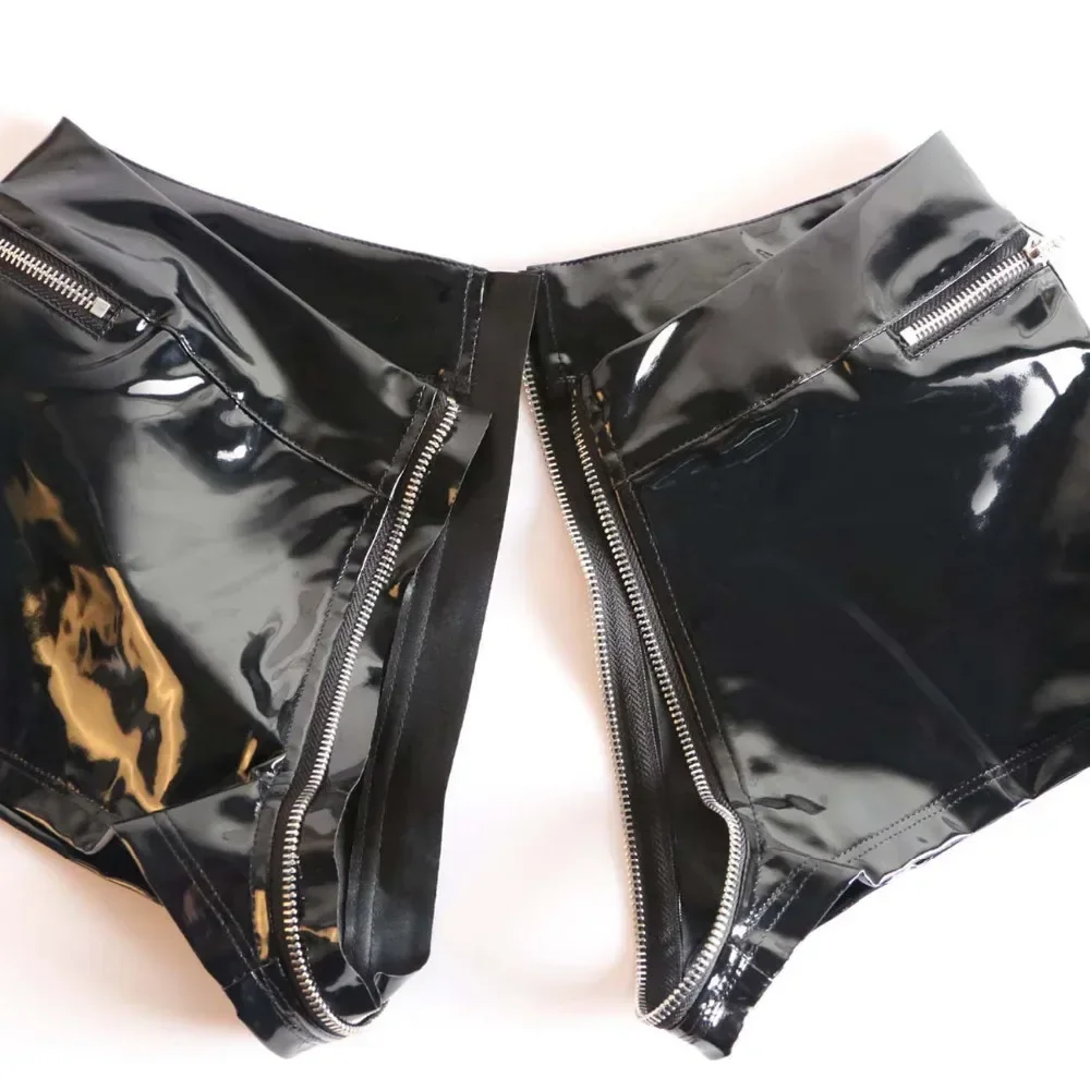 Women Shiny Patent Leather Shorts Open Crotch Zip Faux Latex Wet Look Hot Pants Ladies Sexy Disco Pole Dance Clubwear New Custom