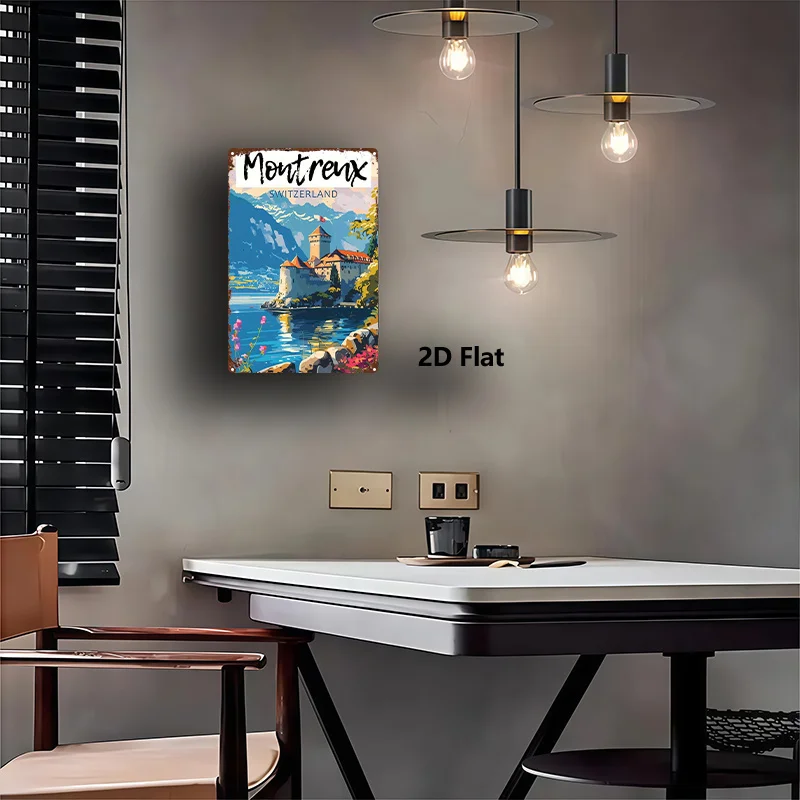 2D Flat - Decorative Sign & Plaque 2D Flat, 1pc, Metal Sign, Swiss Montreux Castle Scenery Tin Painting Vintage Decorative Art,