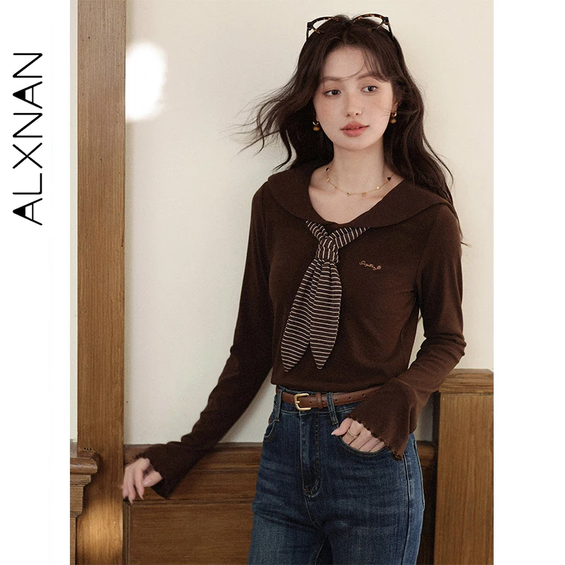 

ALXNAN кофейные футболки с матросским воротником, женские осенние полосатые пуловеры с галстуком и вышивкой букв, дышащие мягкие топы с внутренней стороны L58526