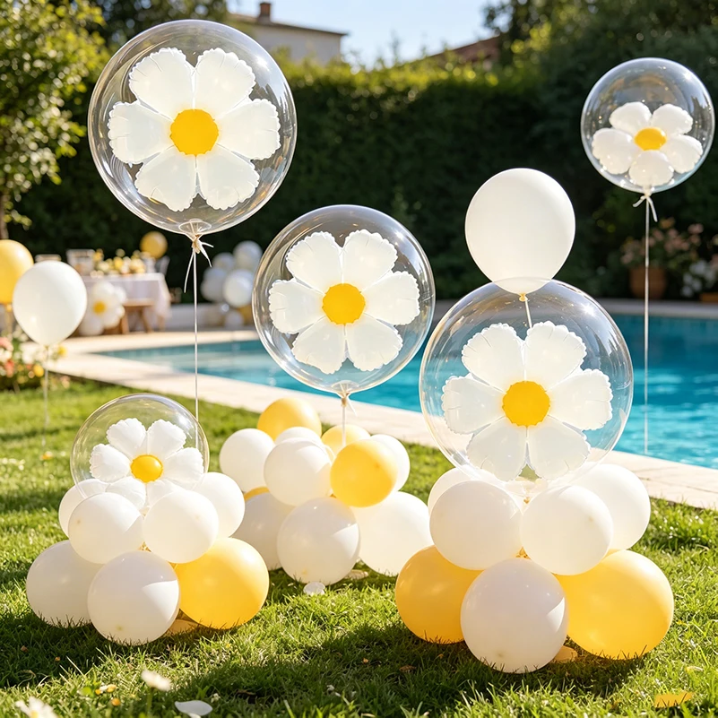 Globos de Papel Transparentes con Forma de Margarita (5/6 Piezas) con Pétalos Translúcidos y Estambres Amarillos, Ideales para Bodas con Temática Forestal y Fiestas de Cumpleaños