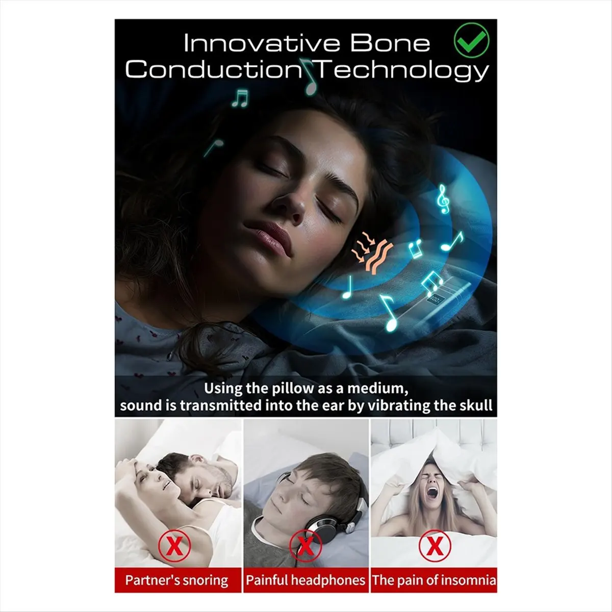 Y60A NEW-Bluetooth 5.3 Bone Conductioon Pillow Speaker,Under Pillow Speaker with Led Display,Stereo Sound White Noise Machine