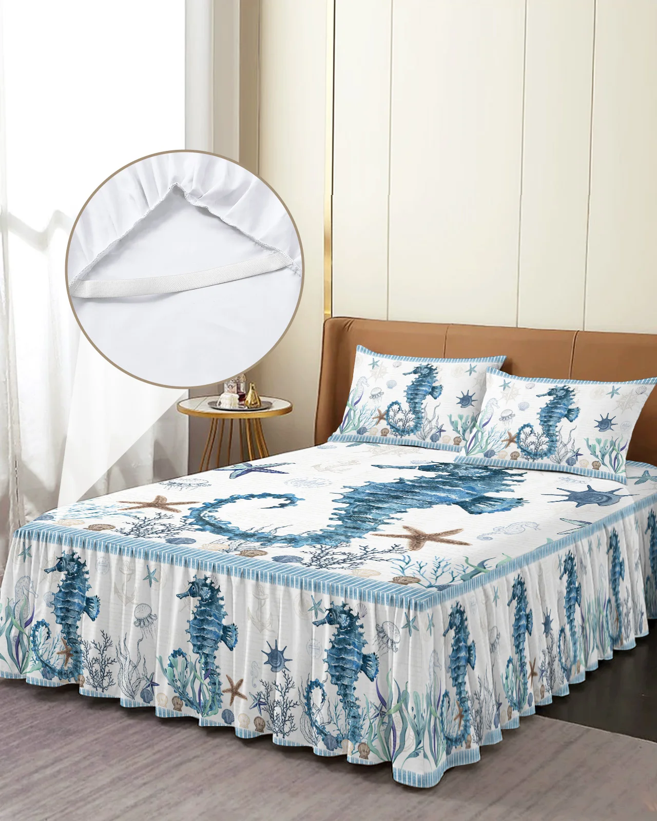 

Mediterranean Style Ocean Starfish Seahorse Stripes Bed Skirt Fitted Bedspread With Pillowcases Mattress Cover Bedding Set