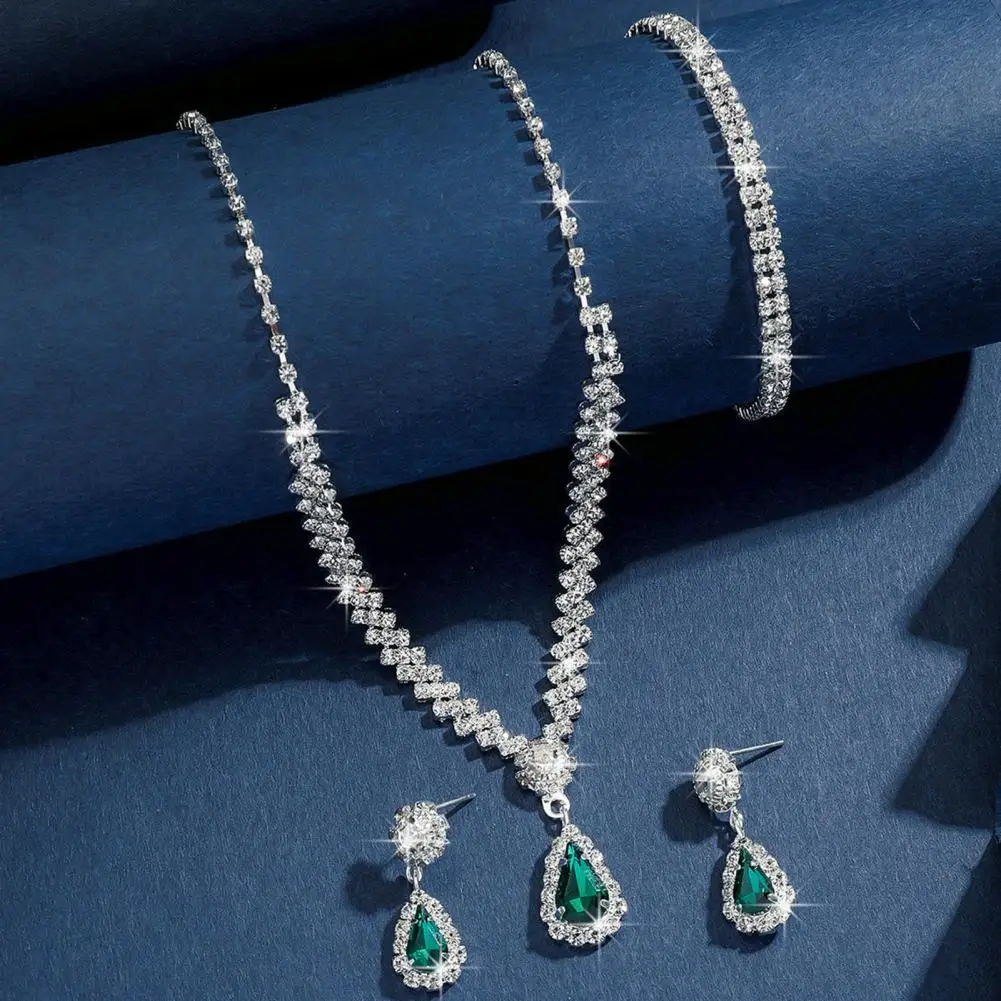 Prom Water Drop Dangle Earrings 3 Pcs Women Jewelry Set Rhinestone Necklace Bracelet Earrings Water Drop Dangle Bridal Prom