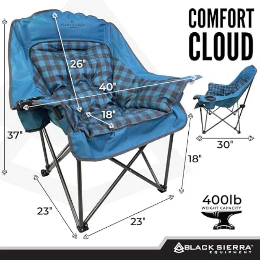 Camping chair for adults, plush black Sierra fabric, XL padded seat with cup holders carry bag, supports 400 lbs, heavy-duty fo
