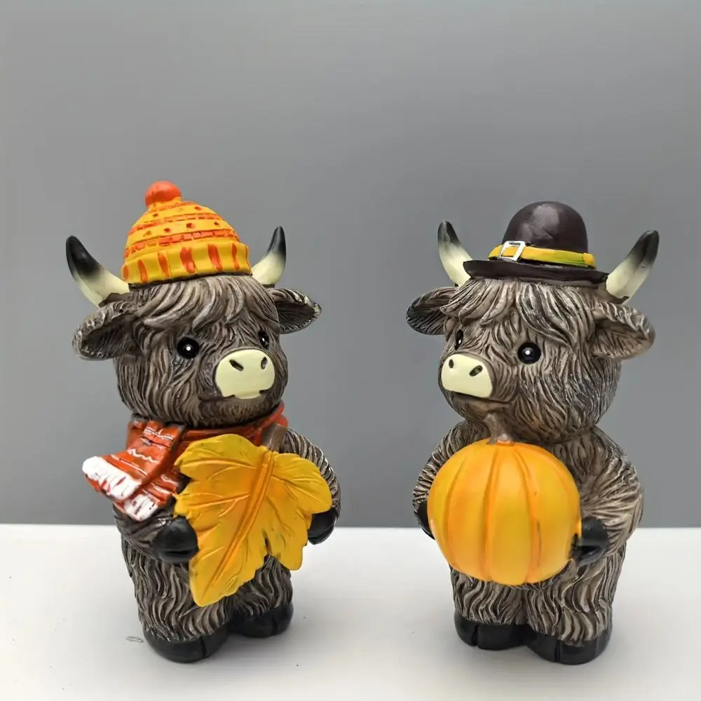 

2pcs Halloween Decor Funny Highland Cattle Ornament Resin Cute Cow Statue Decorative Animal Figurine Sculpture Farmhouse