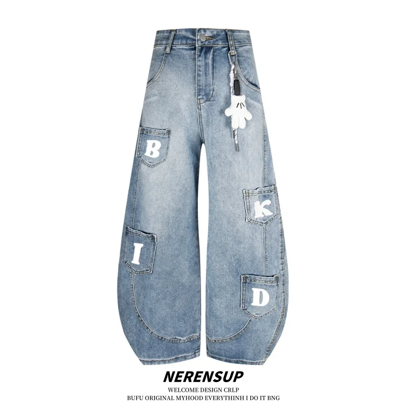 

Ретро-джинсы в стиле американского мультфильма, широкие штанины, унисекс, повседневные, свободного кроя, с эффектом потертости, молодежные, трендовые