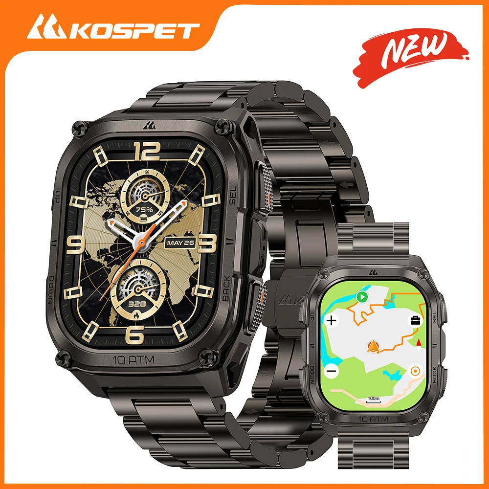 Neue KOSPET Tank M4 SE Robuste Smartwatch aus Edelstahl mit GPS, Offline-Karte, 10ATM, 45M Freitauchfähigkeit, 24/7 Gesundheitsmonitor für Android und iOS.