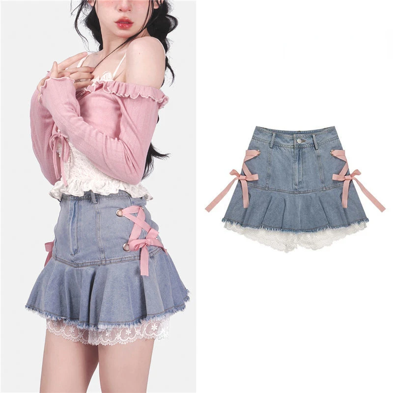 Pink strappy denim skirts women 2022 summer elegant sexy hot girl white lace stitching miniskirt ins casual sweet A-line skirt