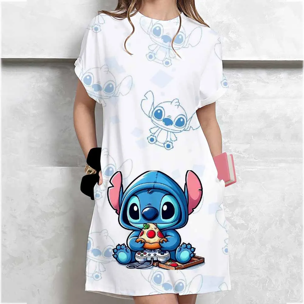 Label Size Women's Summer Casual Short Sleeve T-Shirt Dresses Nightgowns Casual O Neck Disney Stitch print White Dresses New Wo