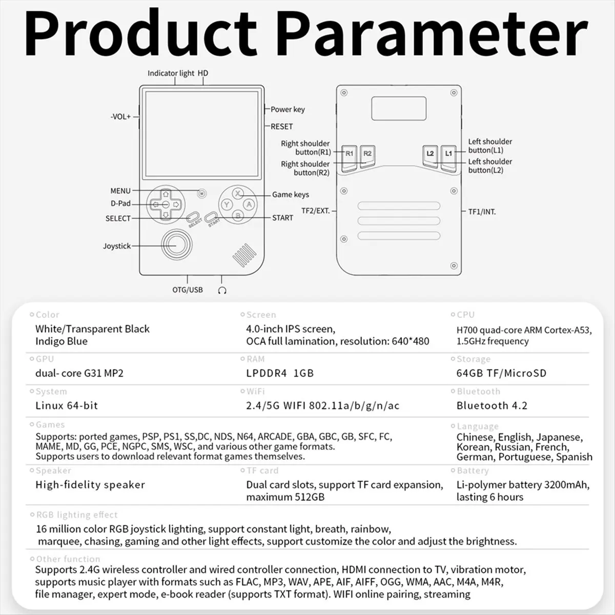 M85K RG40XXV ريترو وحدة تحكم بجهاز لعب محمول 256G 11000 + ألعاب 64 بت لينكس 4.0 بوصة IPS شاشة WIFI RGB عصا التحكم B