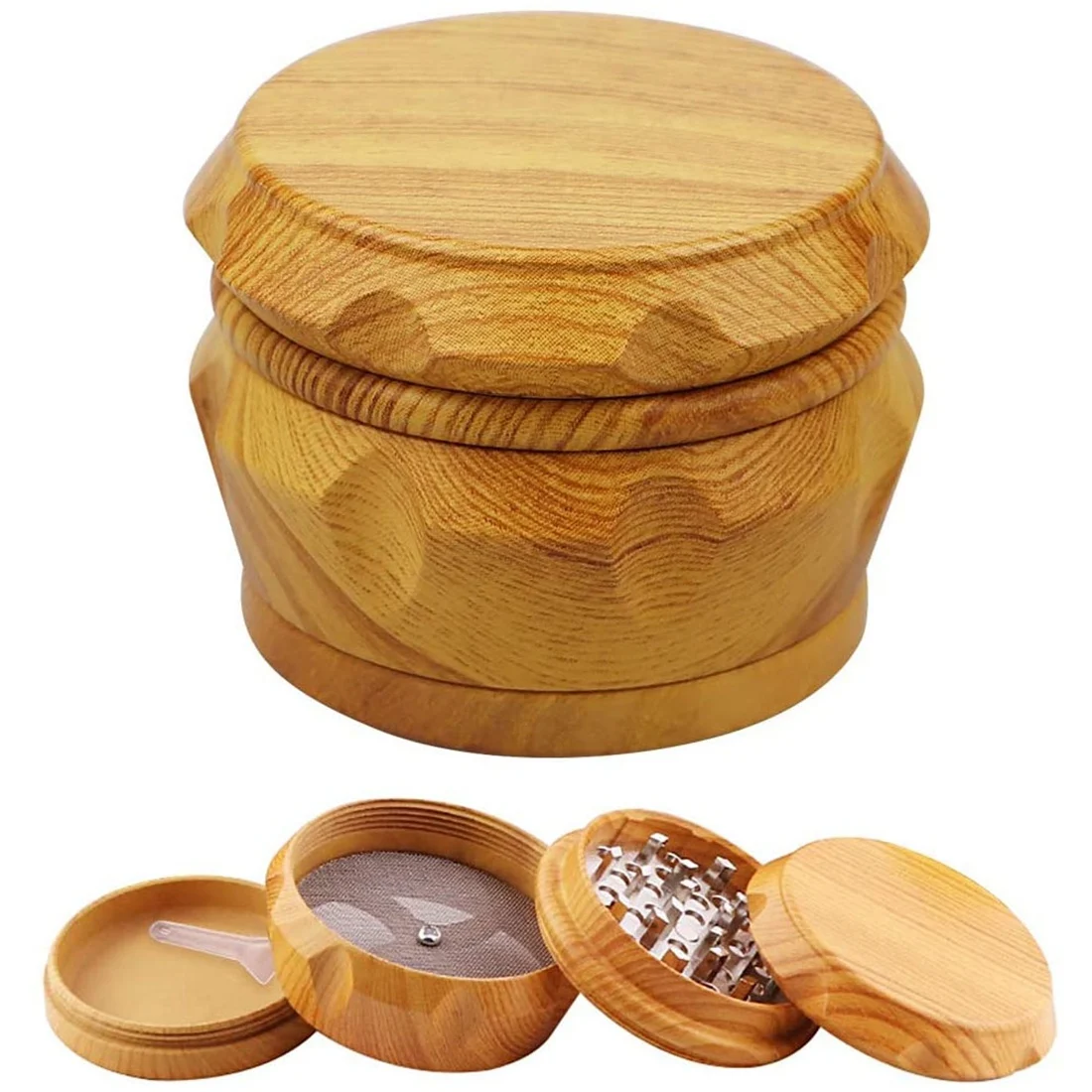 HOT-Wooden Grinder Large Capacity 4-Layer Grinder With Pollen Scraper Suitable For Home Kitchen