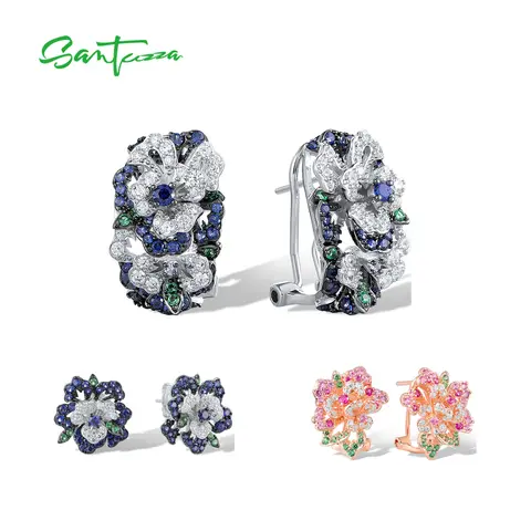 SANTUZZA Real 925 Sterling Silver Clip-On Earrings For Women Sparkling Colorful Gems Flower Gorgeous Wedding Fine Jewlery Gifts
