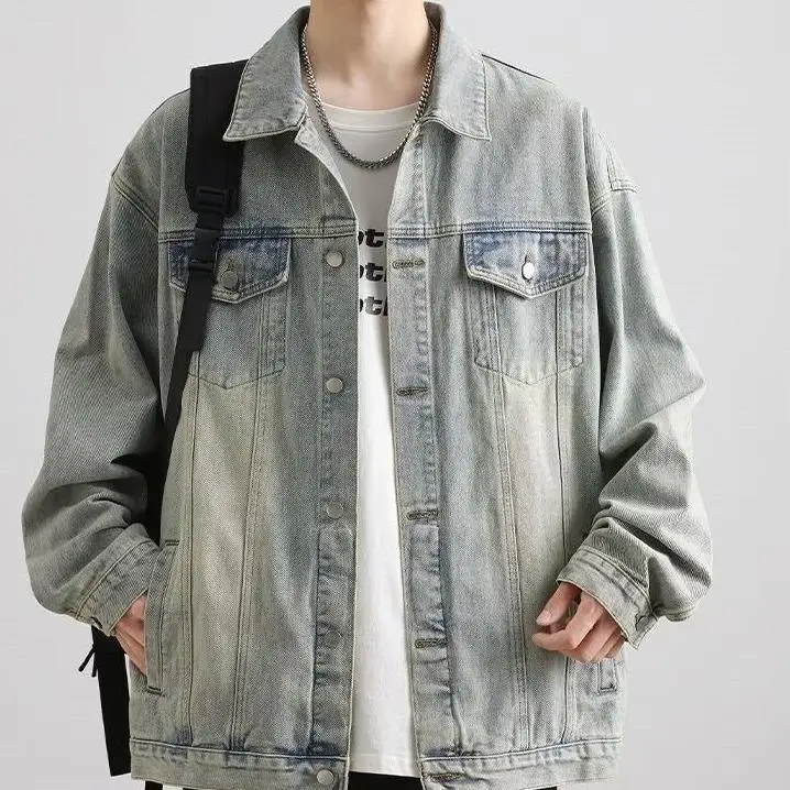 Retro American Washed Denim Jacket Men's Spring Autumn Loose Versatile Vintage Trendy Brand Collar Button Decorated Coat