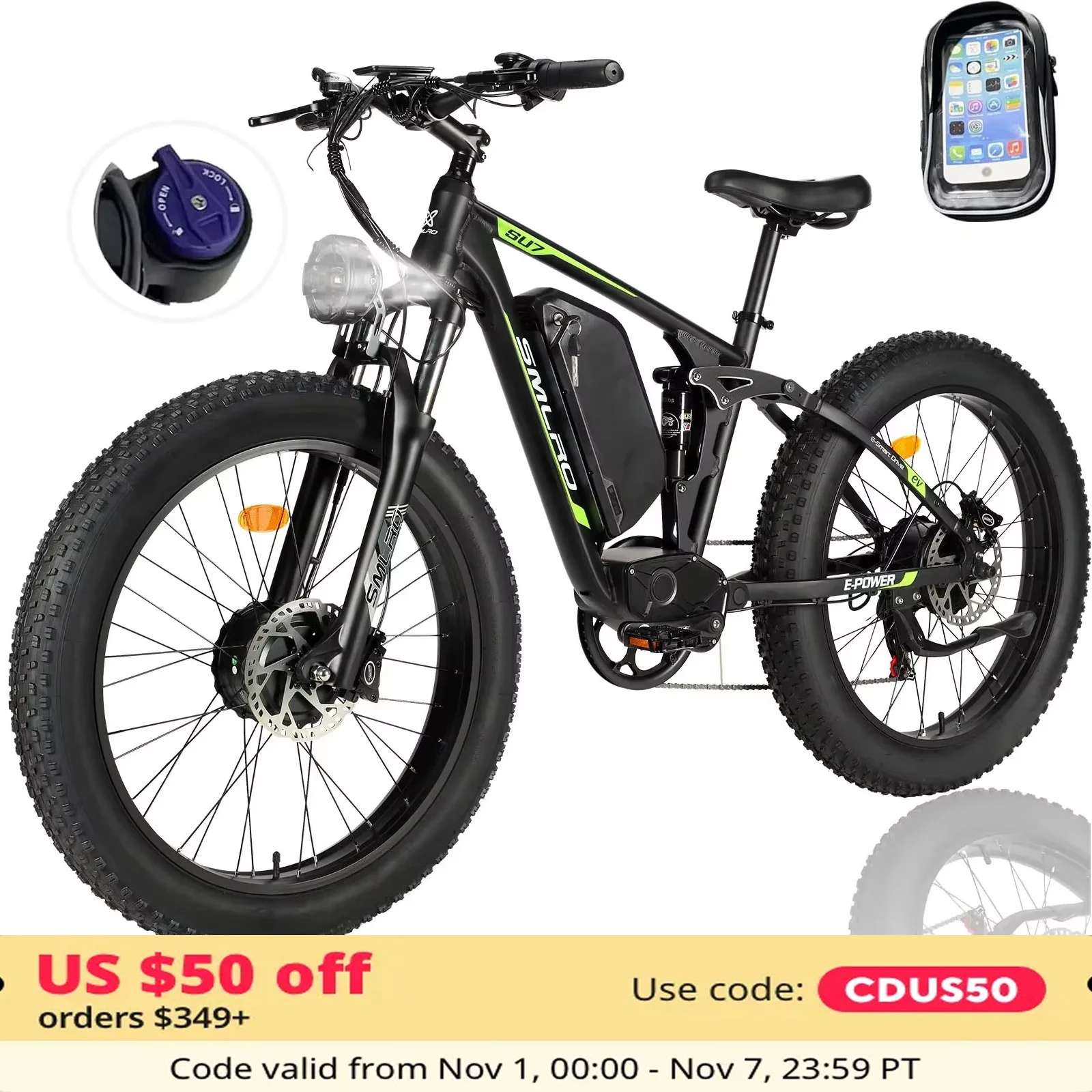 Smlro Su7 2000W Dual Motor Electric Bicycle, 7 Speed 35MPH MTB, 48V 22.4AH 26'' Fat Tire Ebike with Full Suspension