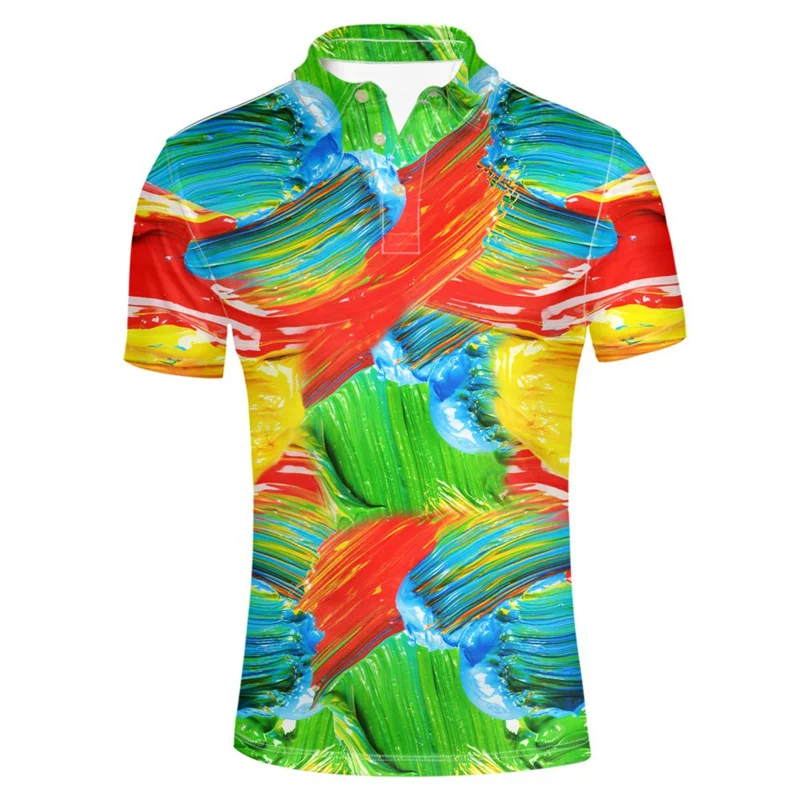 Colorful Pigment 3d Print Polo Shirt For Men Cool Loose Short Sleeves Summer Casual Street Button Lapel Tees Oversized T-Shirt