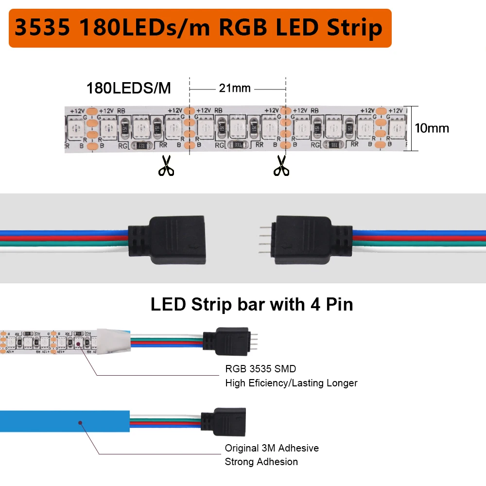 12V 4Pin RGB LED Light Strip Waterproof 5MM 8MM 10MM PCB Width SMD 3535 60/120/180LEDs/m Changeable Flexible LED Tape 5M/Lot