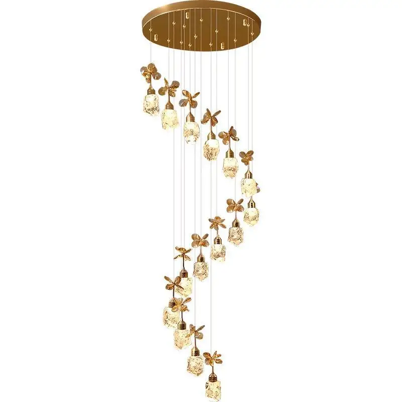 Modern simple rural, self-built villa duplex apartment loft living room staircase spiral, crystal super long line chandelier