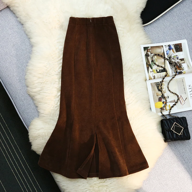 레트로 블랙 코듀로이 바디콘 머메이드 스커트 두꺼운 백슬릿 미디 펜슬 스커트 여성용 우아한 겨울 오피스웨어