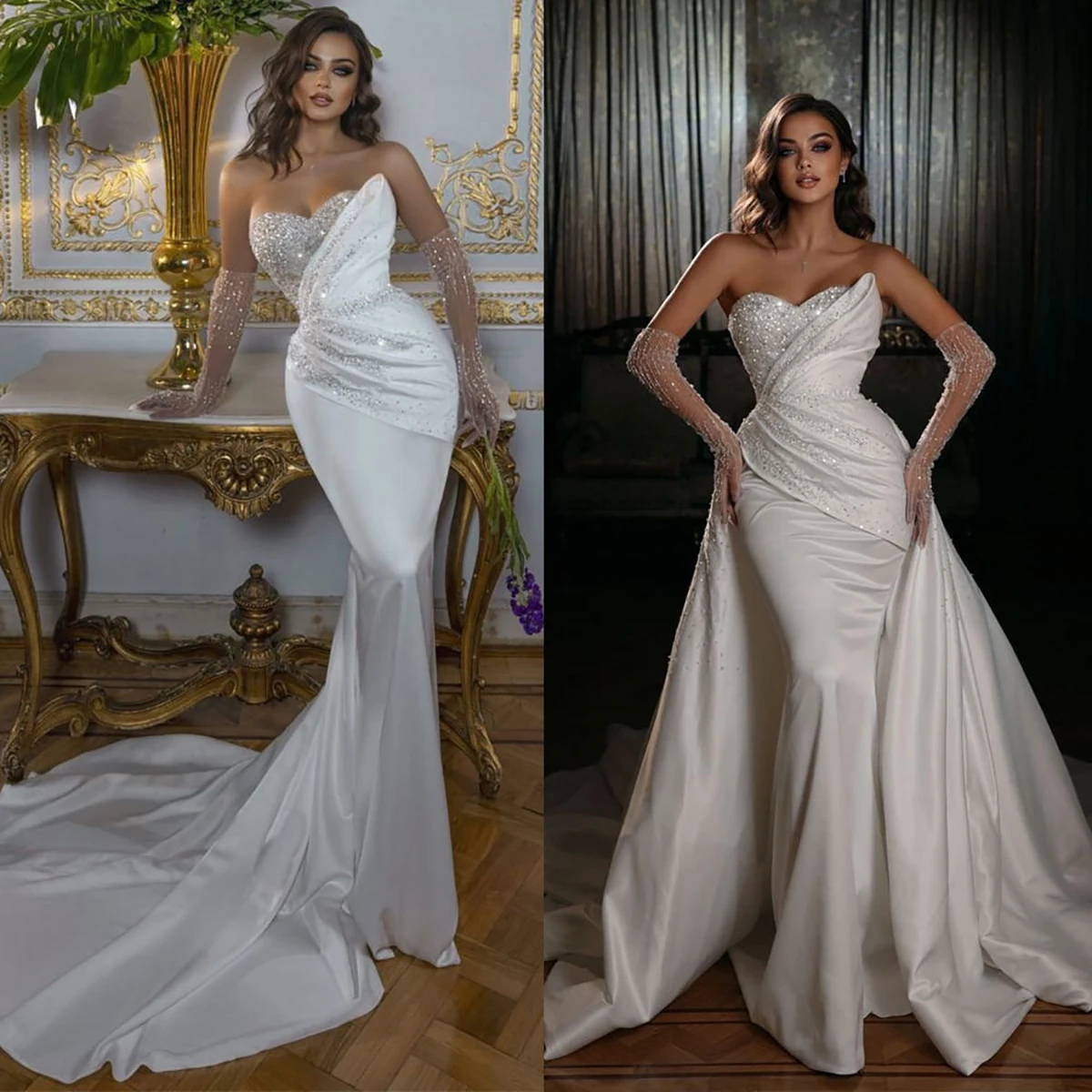 

Luxury Mermaid Wedding Dresses Sexy Sweetheart Sequins Appliques Robe De Mariée Custom Made Detachable Train Bridal Gowns