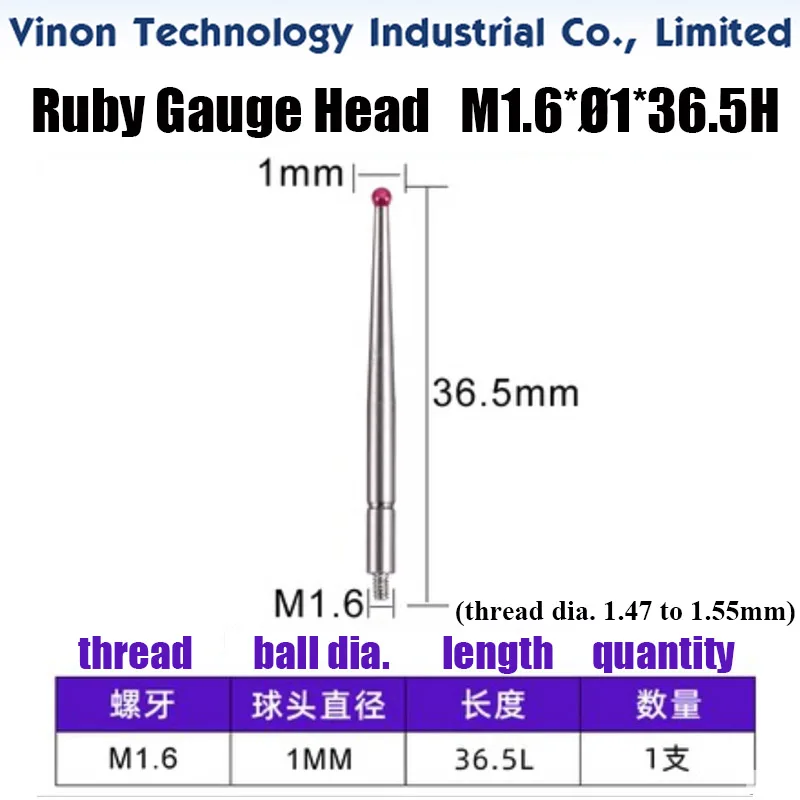 M1.6xØ1x36.5mm Ruby Gauge Head for Lever type dial indicator dialgage red jewel needle, Leverage Dial Indicator Ruby Test Head