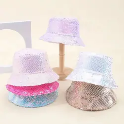 Women's Fashion Bling Sequin Bucket Hat Spring Summer Party Club Style Flat Top Bob Cap Female  Sun Hat Sunshade Street Dance