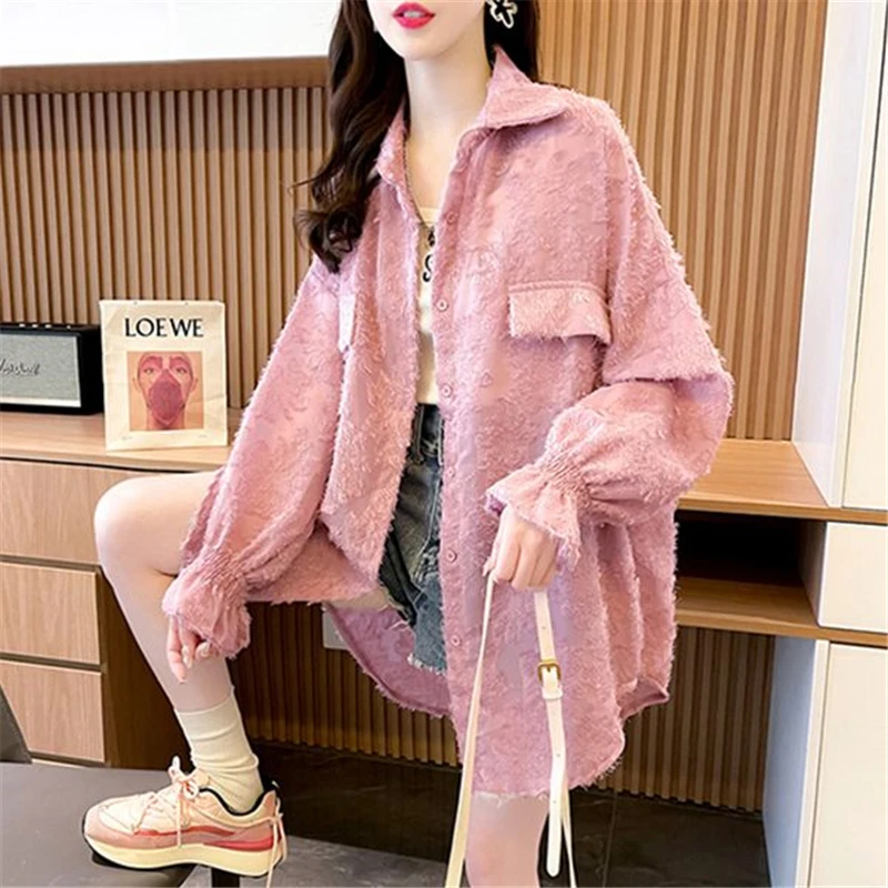 Women\'s Sexy Sheer Lace Irregular Oversized Button Up Shirt Korean Fashion Long Sleeve Streetwear Blouse Solid Tunic Tops Blusas