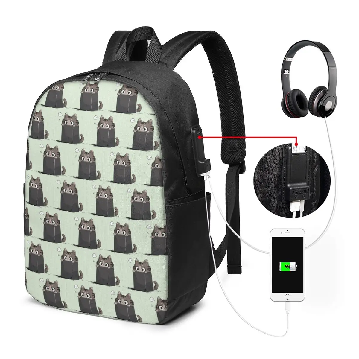 Kawaii Cartoon Cat In Bag Print Backpack Travel Notebook Bag Computer College Student School Bag Laptop Shoulder Bags Men Women