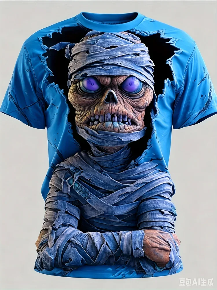 Stylish Men's 3D Effect Mummy Graphic T Shirt Spooky Halloween Streetwear Tops Summer Casual Short Sleeve T-shirt