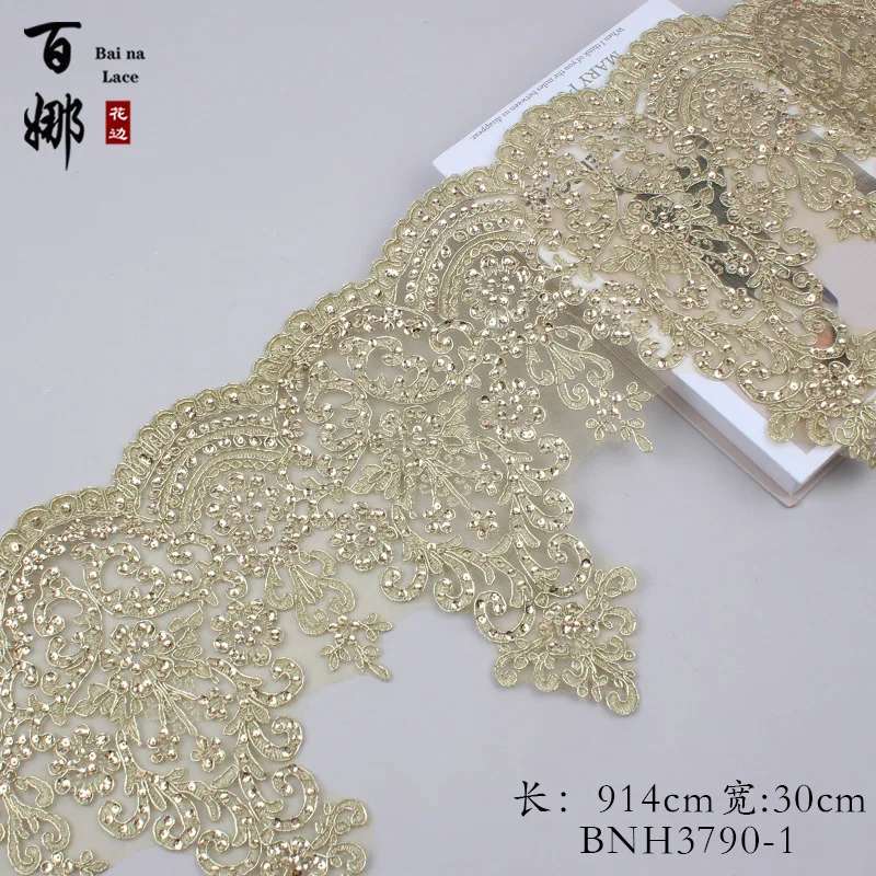 1Yard 25cm Wide Gold Ivory Sequins Edge Polyester Embroidery Lace Trim for Bridal Wedding Gown Costume Design Lace Ribbon