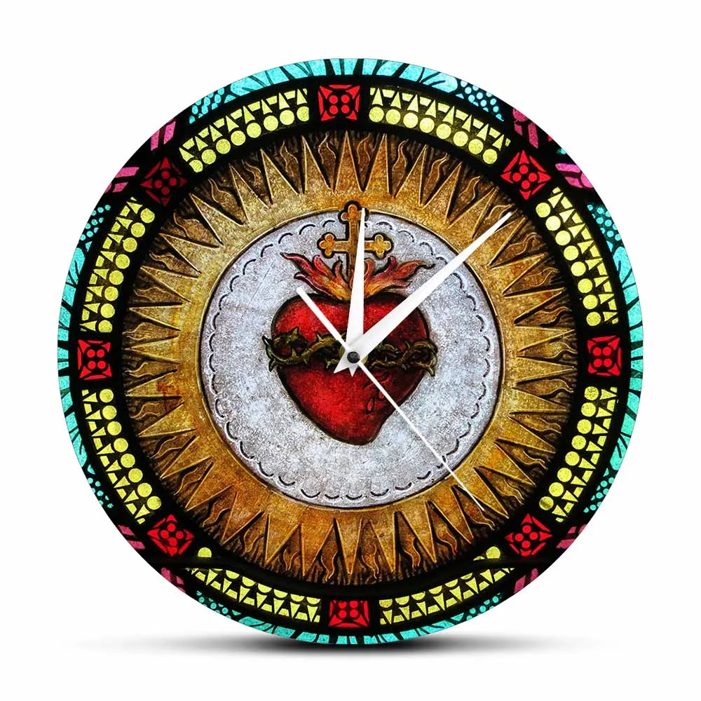 

Sacred Heart Of Jesus Catholic Art Print Wall Clock Holy Home Church Religious Decor Flaming Milagro Heart Christian Wall Clock