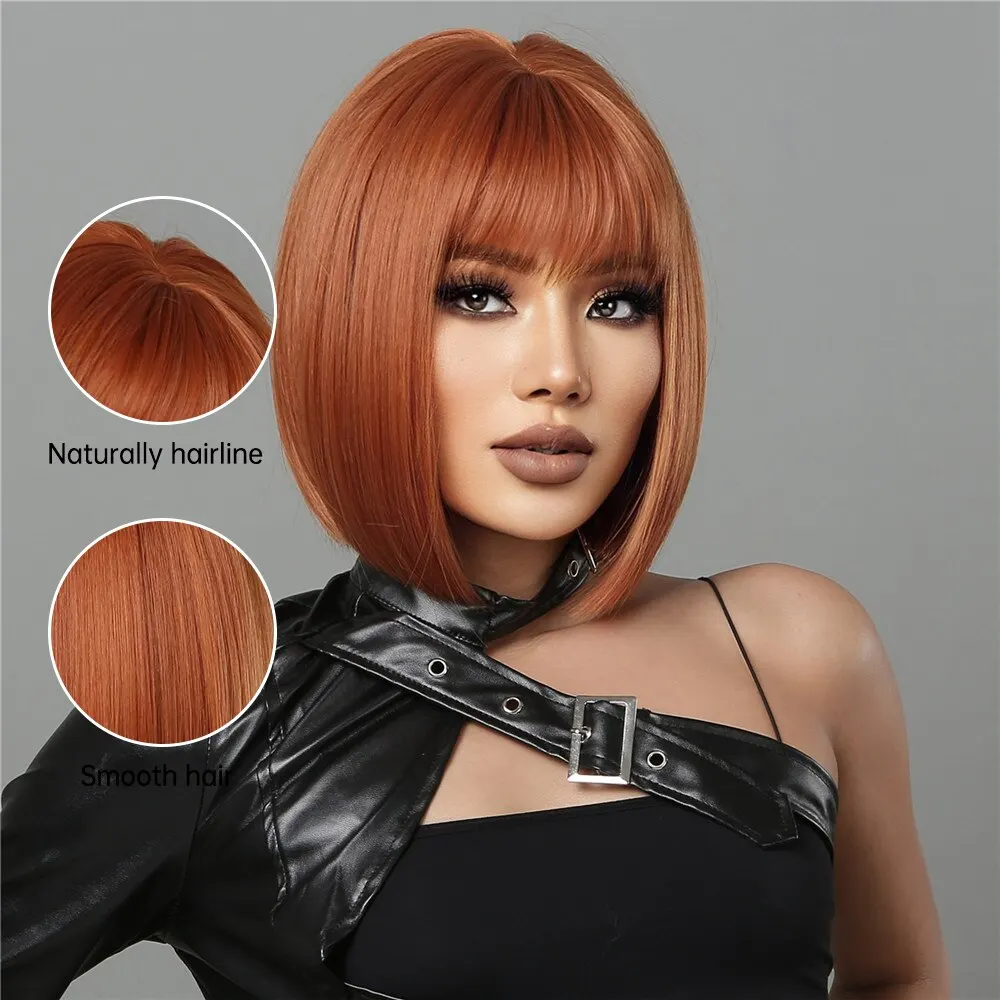 Ginger Bob Wigs for Women Short Straight Orange Bob Wigs With Flat Bangs Heat Resistant Synthetic Wig Natural Cosplay Hair