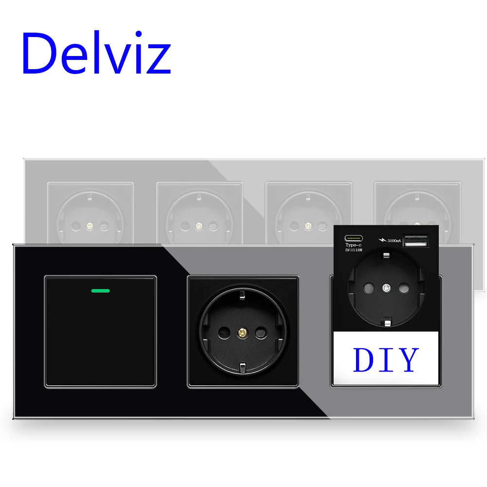 Delviz Wall Light 2-drożny przełącznik, panel ze szkła hartowanego, szybkie ładowanie USB C, poczwórne gniazdo zasilania, gniazdo uniwersalne w połączeniu DIY
