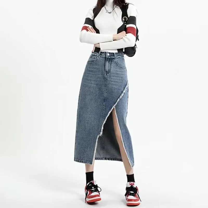 Spicy Girl Frayed Mid-Length Personalized Half Skirt Spring Autumn Slimming Slit High Waist Denim A-Line Skirt Women