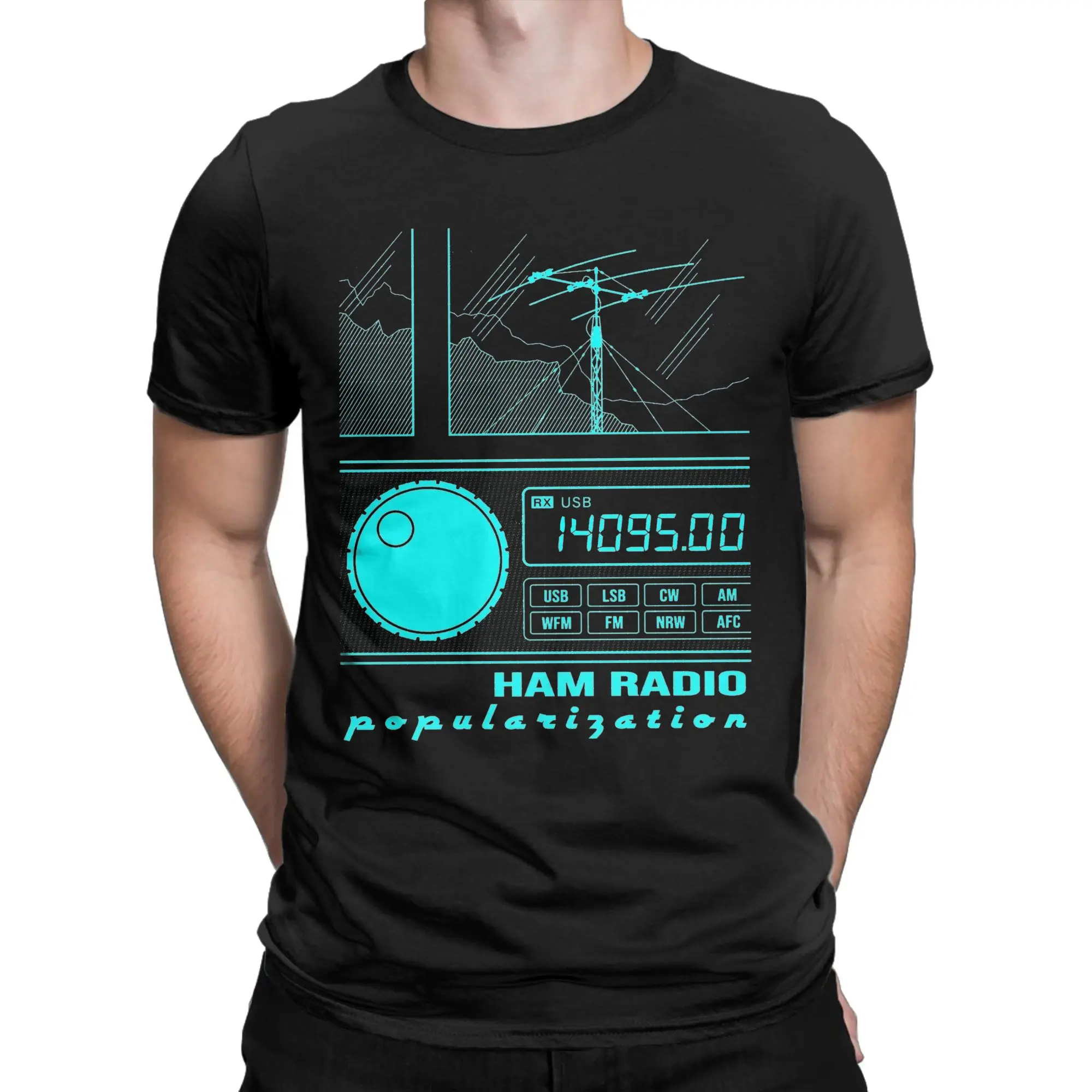 Novelty HAM Radio Amateur Operator Cyan Lines T Shirt Men's Round Neck Short Sleeve Tops  Cotton Summer Tops Shirts