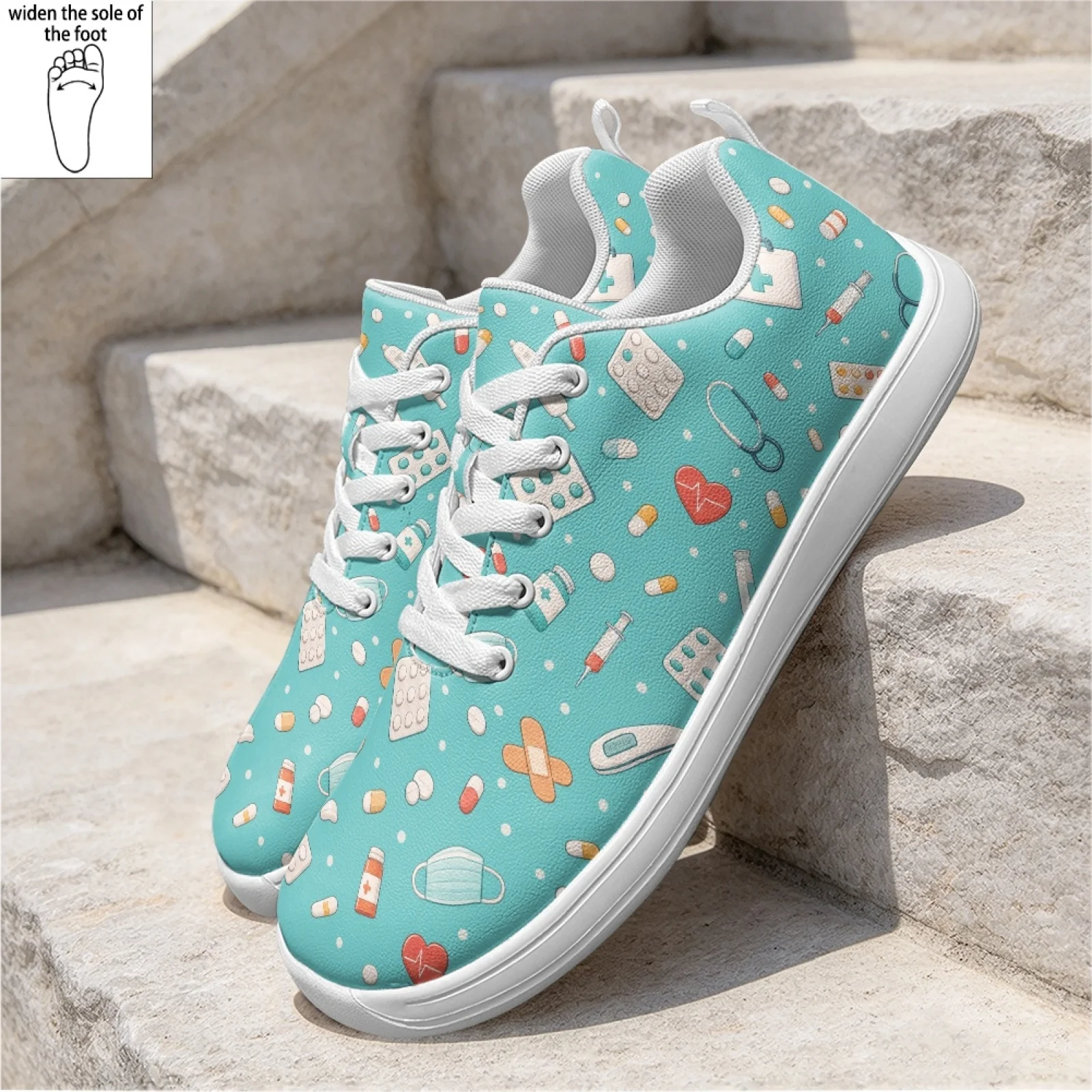 PENSTROLL Medical Icon Print Comfortable Nurse Shoes for Women Standing PU Clinic Shoes Walking Sneakers